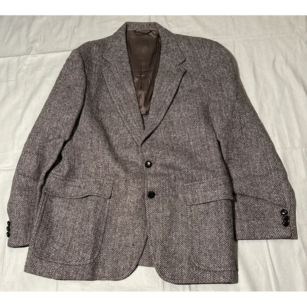 Harris Tweed Mens Grey Herringbone Wool Blazer Sport Coat Tailored in USA 44R